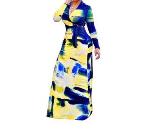 Locryz Womens V Neck 34 Sleeve African Floral Printed Party Loose Long Maxi Dress
