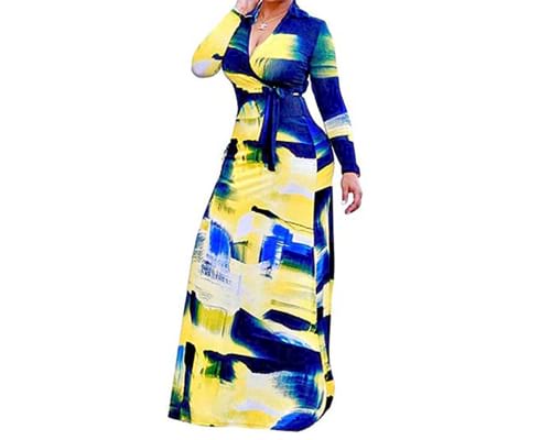 Locryz Womens V Neck 34 Sleeve African Floral Printed Party Loose Long Maxi Dress